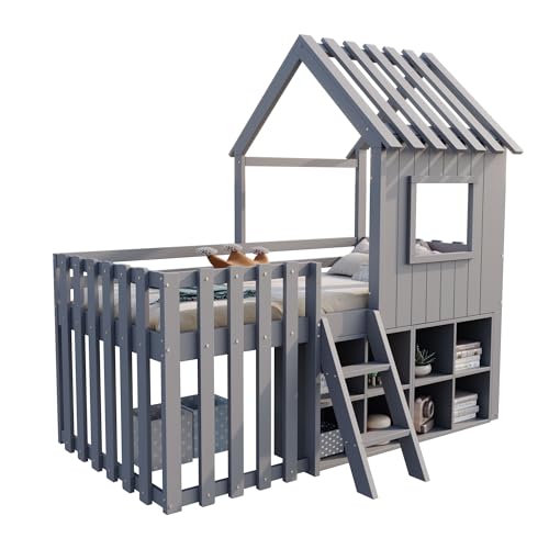 Children's Bed, House Bed 90 x 200 cm, Children's Bed Frame with Roof and Window, with Open Storage Space, with Climbing Ladder, Slatted Frame, Solid Wood Bed, Wooden Bed without Mattress (White)