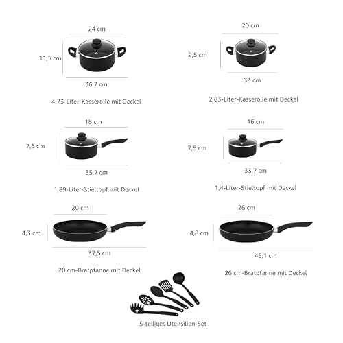 Amazon Basics 15-teiliges Kochgeschirr mit Antihaftbeschichtung, Schwarz