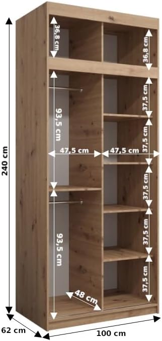 MEBLE KRYSPOL Kleiderschrank mit Spiegel Tokyo 2 - Garderobenschrank - Schrank Schlafzimmer - Mehrzweckschrank DREI Schiebetüren - Regalen - Flur Möbel - Kleiderstange Schrank - Allzweckschrank