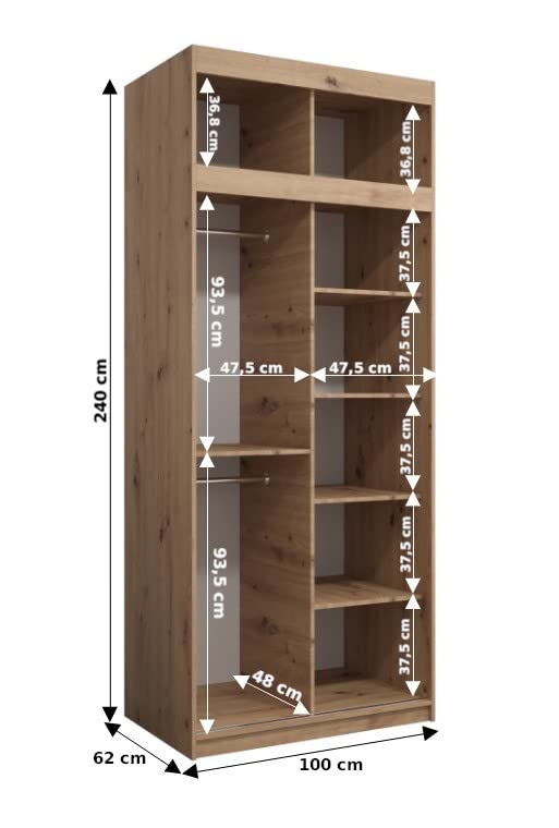 MEBLE KRYSPOL Verona 4 250 Bedroom Wardrobe Sliding Doors Cabinet with Mirror Wardrobe with Mirror Sliding Door Wardrobe Sliding Doors - 250 x 240 x 62 cm - Sonoma with Extension