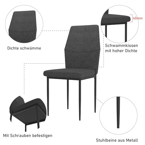 GOLDFAN Glas Esstisch Set 4 Stühle Rechteckiger Esstisch und Rückenlehne Esszimmerstuhl für Küche Wohnzimmer Büro, Grau
