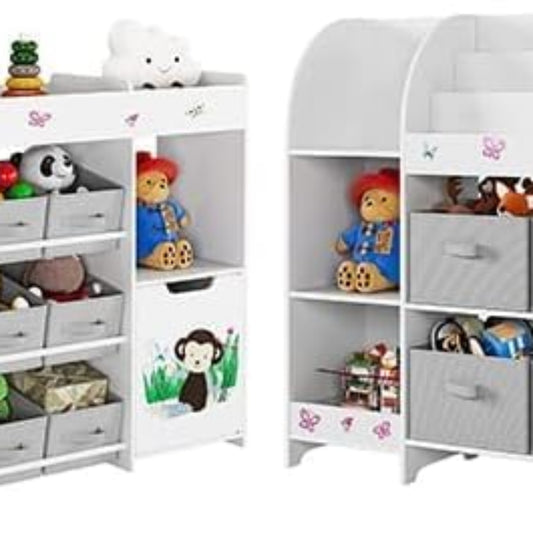 HOCSOK Spielzeugregal 2 Set, Kinderregal mit 4 Aufbewahrungsboxen, Bücherregal Kinder mit 9 Stoffschublade, Spielzeug-Organizer für Kinderzimmer, Schlafzimmer, Kindergarten