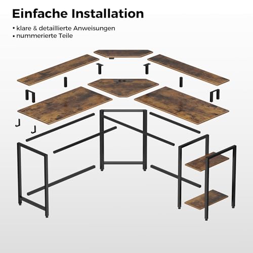 Rolanstar Schreibtisch L Form mit LED & Steckdosen, 117 cm Computertisch mit Monitorständer & Ablagefläche, Reversibler Eckschreibtisch mit 2 Haken, perfekt für Arbeitszimmer Schlafzimmer Büro