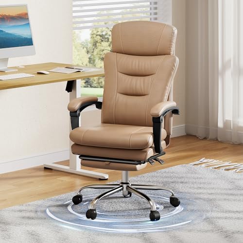 DEVAISE Chefsesse PU Leder, Bürostuhl Ergonomisch mit Fußstütze und Lendenwirbelstütze, Wippfunktion und Winkelverriegelung, Hohe Rückenlehne, Höhenverstellbar, Liegestuhl für Büro & Zuhause, Schwarz