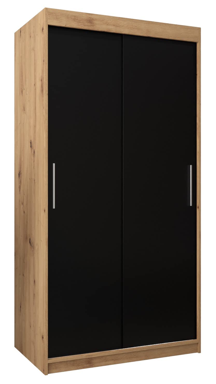 MEBLE KRYSPOL Tokyo 250 Wardrobe with Three Sliding Doors for Bedroom – Modern Storage Cabinet with Clothes Rail and Shelves – 250 x 200 x 62 cm – Matte Black and Artisan