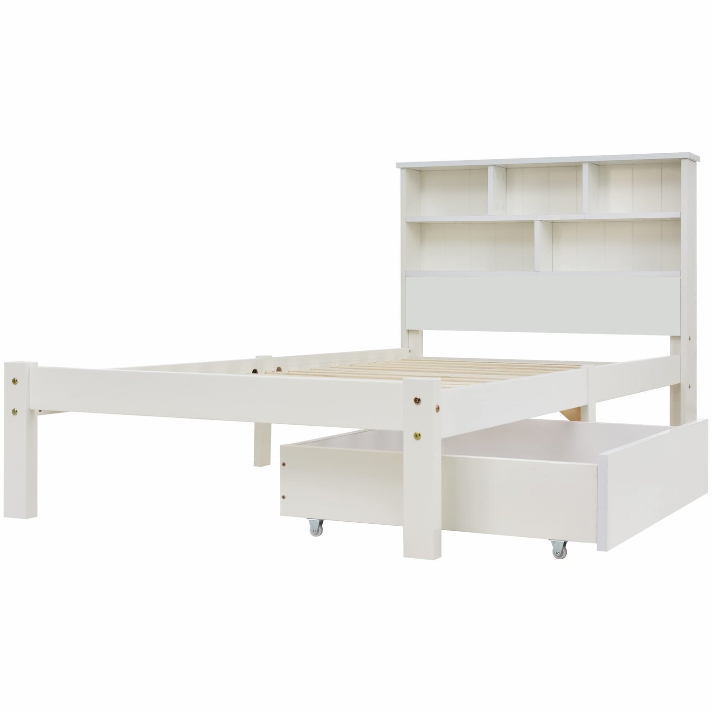 RIAZOS Kinderbett Holzbett 90x200 cm, Massiveholz Einzelbett mit Schreibtisch und Schubladen, Stauraumbett mit Lattenrost, für Jungen & Mädchen, ohne Matratze, Weiß