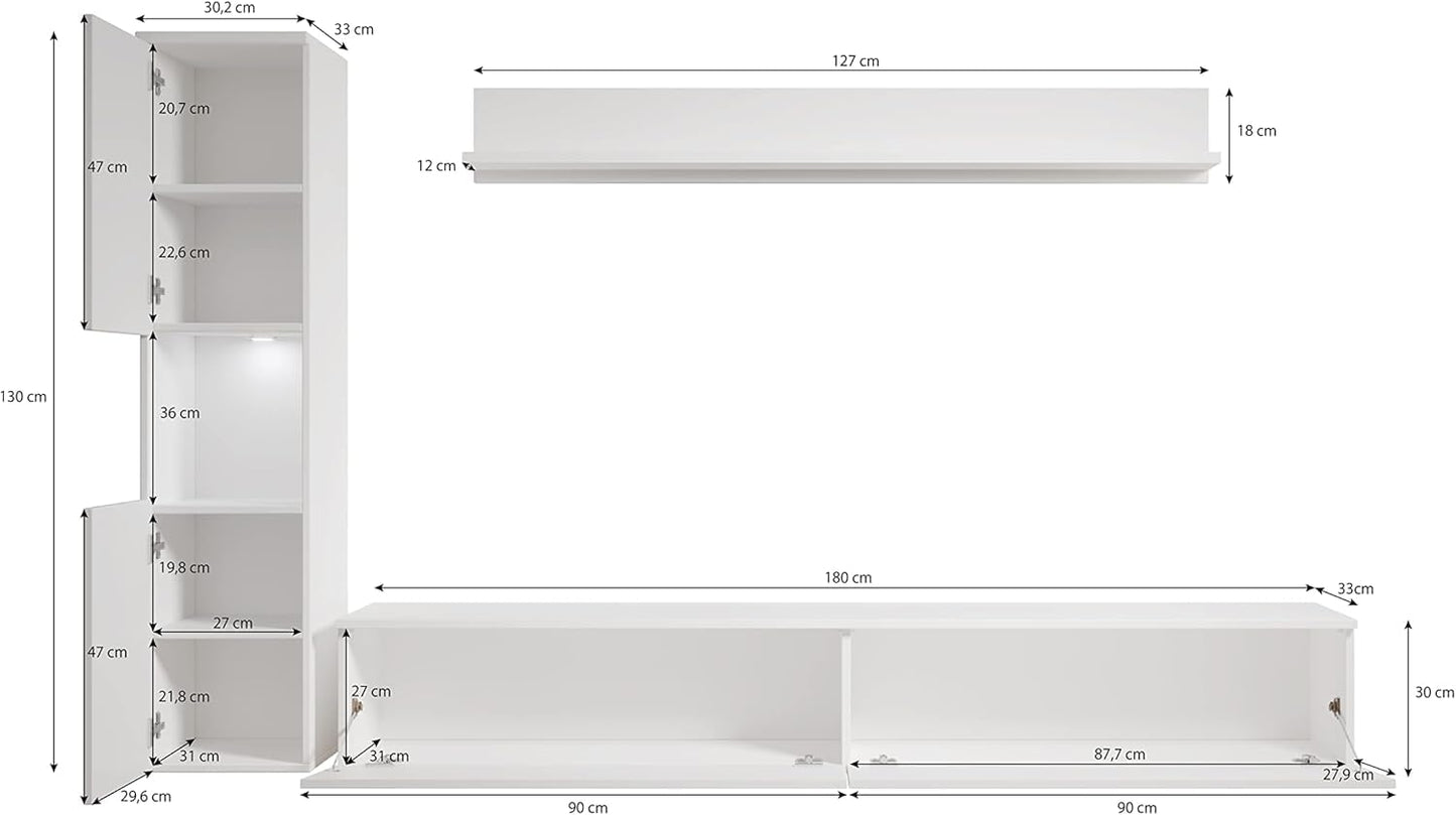 MINIO go for it - Parma XL Wall Unit, 4-Piece Set, with LED Lighting, Hanging or Standing, 2 x Highboard, Lowboard, Wall Board, Laminated Chipboard, Colour: Wotan Oak