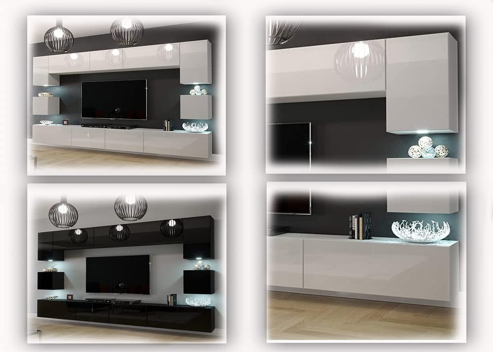 Furnitech Wohnwand Wohnzimmer Möbel (Schwarz) mit LED RGB - 16 Farben - Hängend Wohnzimmerwand Modern - Schrankwand mit Regale und TV Schrank (Nowara AN1-17B-HG20 1C)