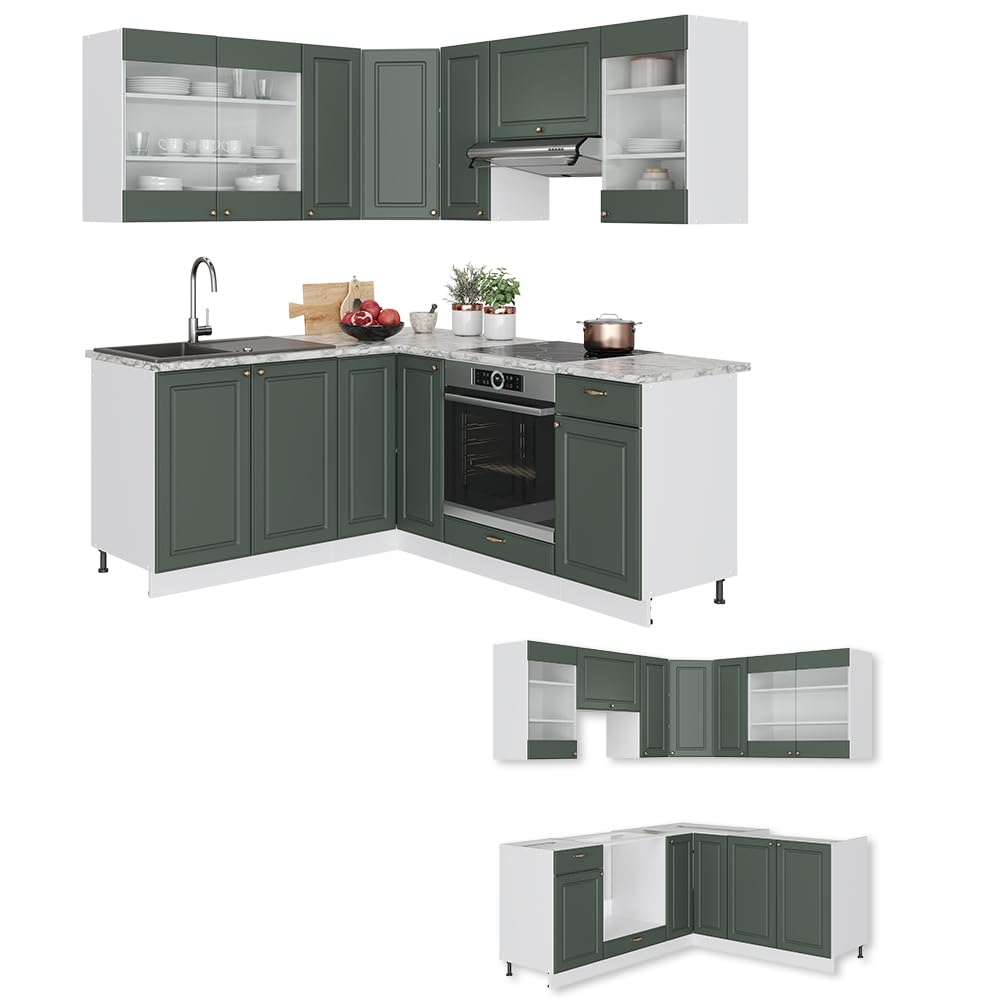Vicco Eckküche Fame-Line, Grün-Gold Landhaus/Weiß/Weiß, 160 x 190 cm ohne Arbeitsplatte