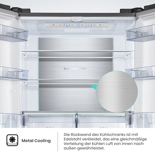 Hisense RF632N4WIE French Door Kühl-Gefrierkombination/ NoFrostPlus/ Inverter-Kompressor/ Wasserspender/ CrispZone/ 200 cm/ Kühlteil 336 l/ Gefrierteil 149 l/ 38 dB/ 295 kWh/ Jahr/ Inox-Look