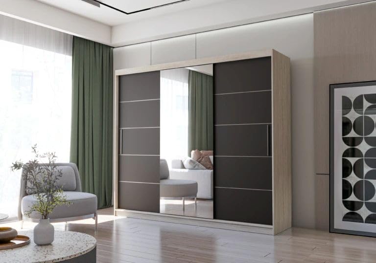 Fabryka Mebli Idźczak Kleiderschrank mit Spiegel, Schiebetüren - Weißer Schwebetürenschrank, Schlafzimmerschrank - 61 x 250 x 218 cm - Schrank für Schlafzimmer, Wohnzimmer, Garderobe