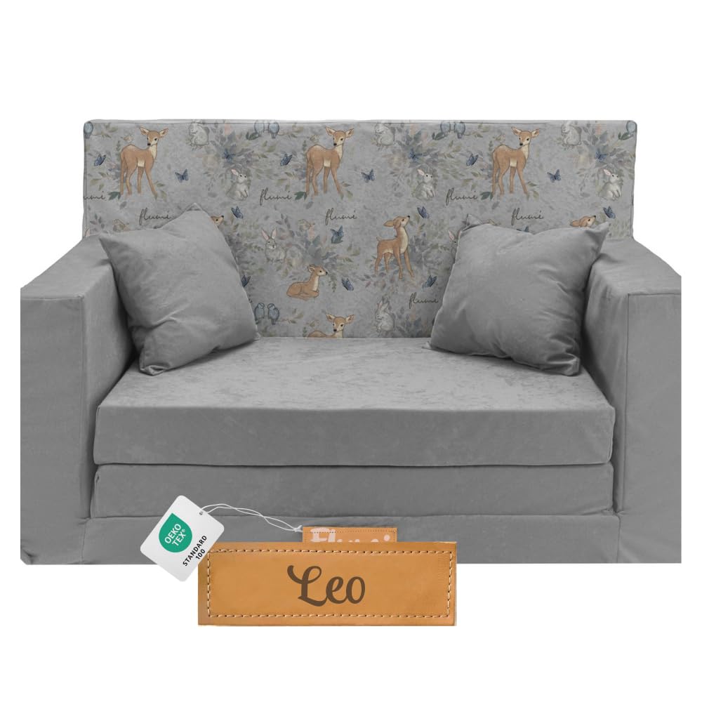Flumi Personalised Children's/Teenager's Couch/Armchair/Sofa Bed, with Engraving of Child's Name, Play Sofa, Sleeping Chair, Bed Function, Children's Furniture, 92 x 40 x 60 cm, Microfibre (Grey)