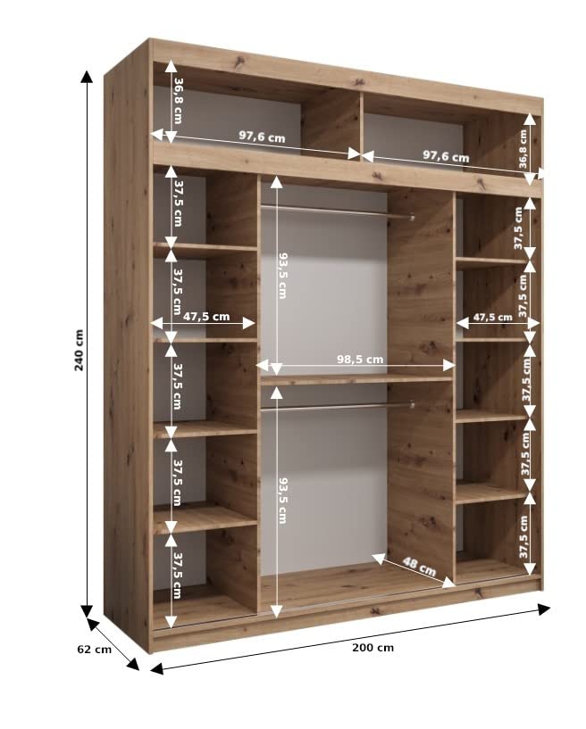 MEBLE KRYSPOL Verona 4 250 Bedroom Wardrobe Sliding Doors Cabinet with Mirror Wardrobe with Mirror Sliding Door Wardrobe Sliding Doors - 250 x 240 x 62 cm - Sonoma with Extension
