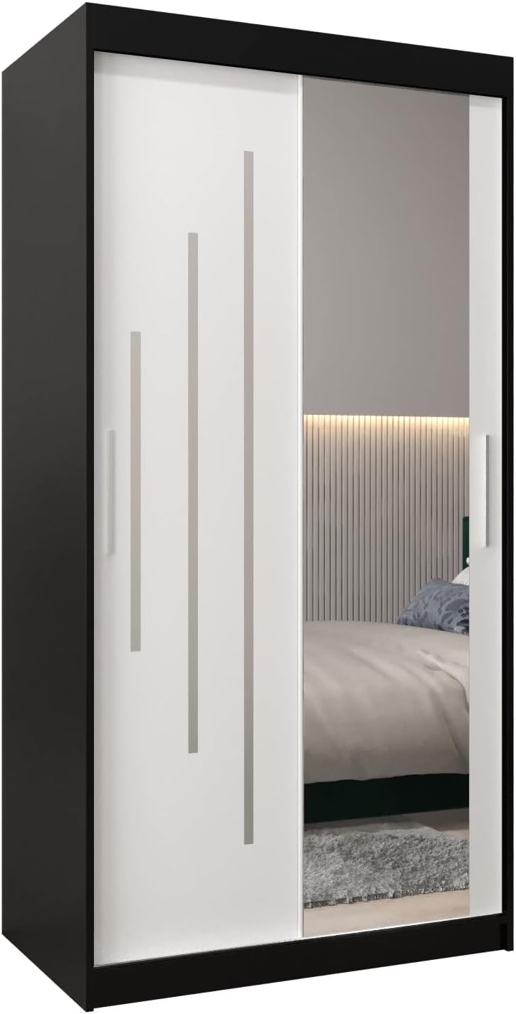 MEBLE KRYSPOL Kleiderschrank mit Spiegel York 2 - Garderobenschrank - Schrank Schlafzimmer - Mehrzweckschrank Zwei Schiebetüren - Regalen - Flur Möbel - Kleiderstange Schrank - Allzweckschrank