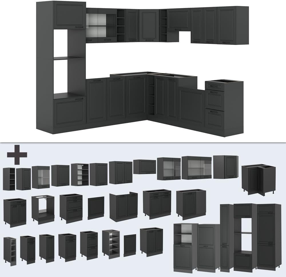 Vicco R-Line Fitted Kitchen Cabinets Anthracite Kitchen Furniture (Anthracite / White High Gloss, Corner 247 x 237 cm)