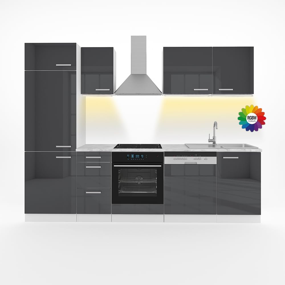 Vicco Küchenzeile Optima, Weiß Hochglanz/Weiß, 270 cm ohne Arbeitsplatte