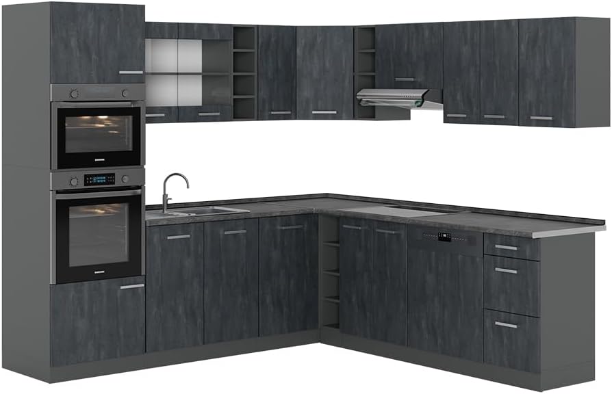 Vicco R-Line Fitted Kitchen Cabinets Anthracite Kitchen Furniture (Anthracite / White High Gloss, Corner 247 x 237 cm)