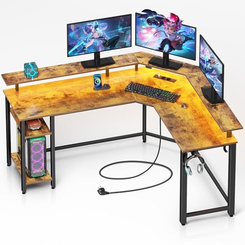 Rolanstar Schreibtisch L Form mit LED & Steckdosen, 117 cm Computertisch mit Monitorständer & Ablagefläche, Reversibler Eckschreibtisch mit 2 Haken, perfekt für Arbeitszimmer Schlafzimmer Büro
