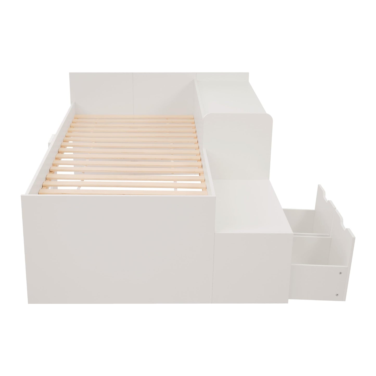RIAZOS Kinderbett Holzbett 90x200 cm, Massiveholz Einzelbett mit Schreibtisch und Schubladen, Stauraumbett mit Lattenrost, für Jungen & Mädchen, ohne Matratze, Weiß