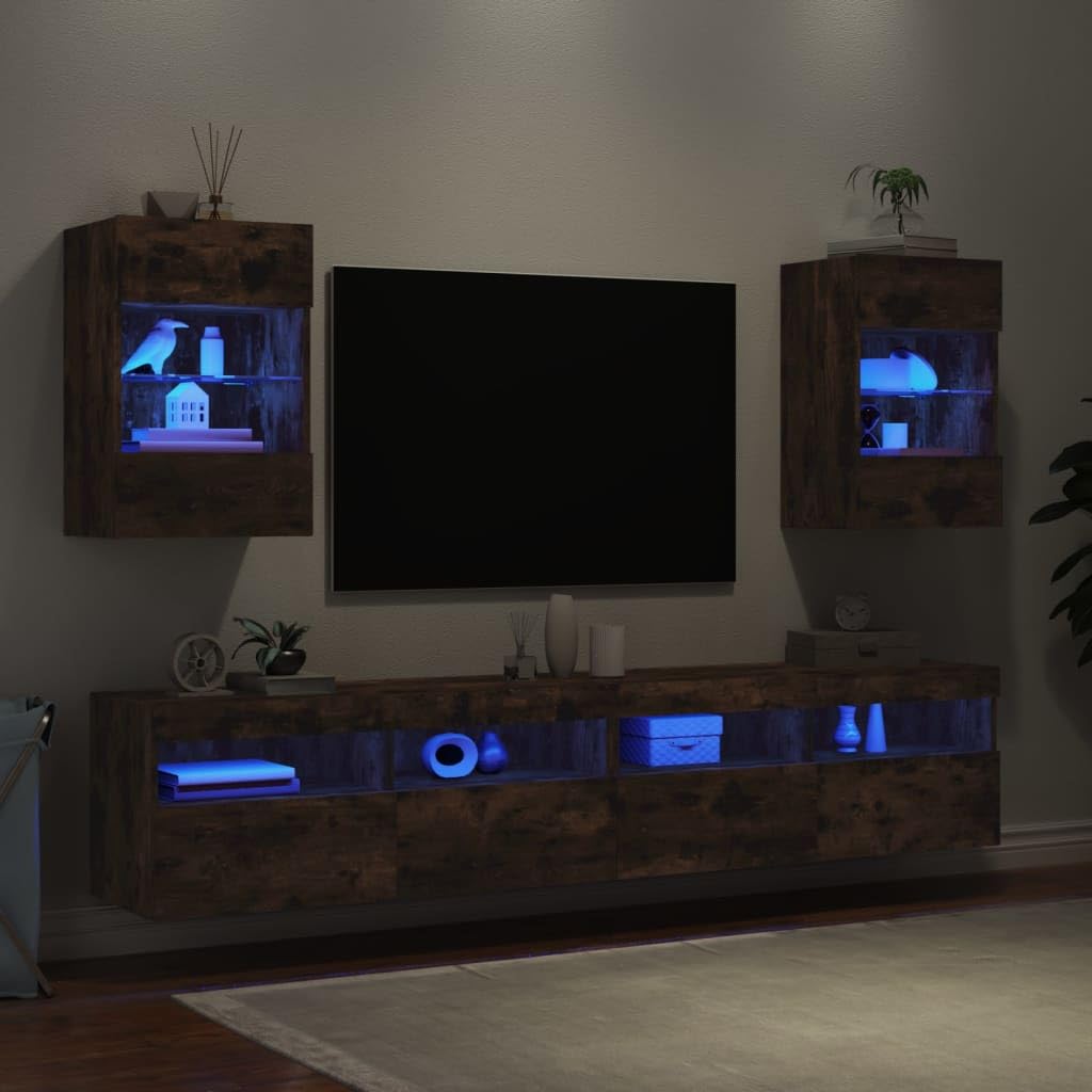 Homgoday TV Wall Cabinets with LED Lights, Pack of 2, Cabinet Wall TV Cabinet with Lots of Storage Space, Wall Mounted TV Furniture for Living Room, Bedroom, Grey, Sonoma