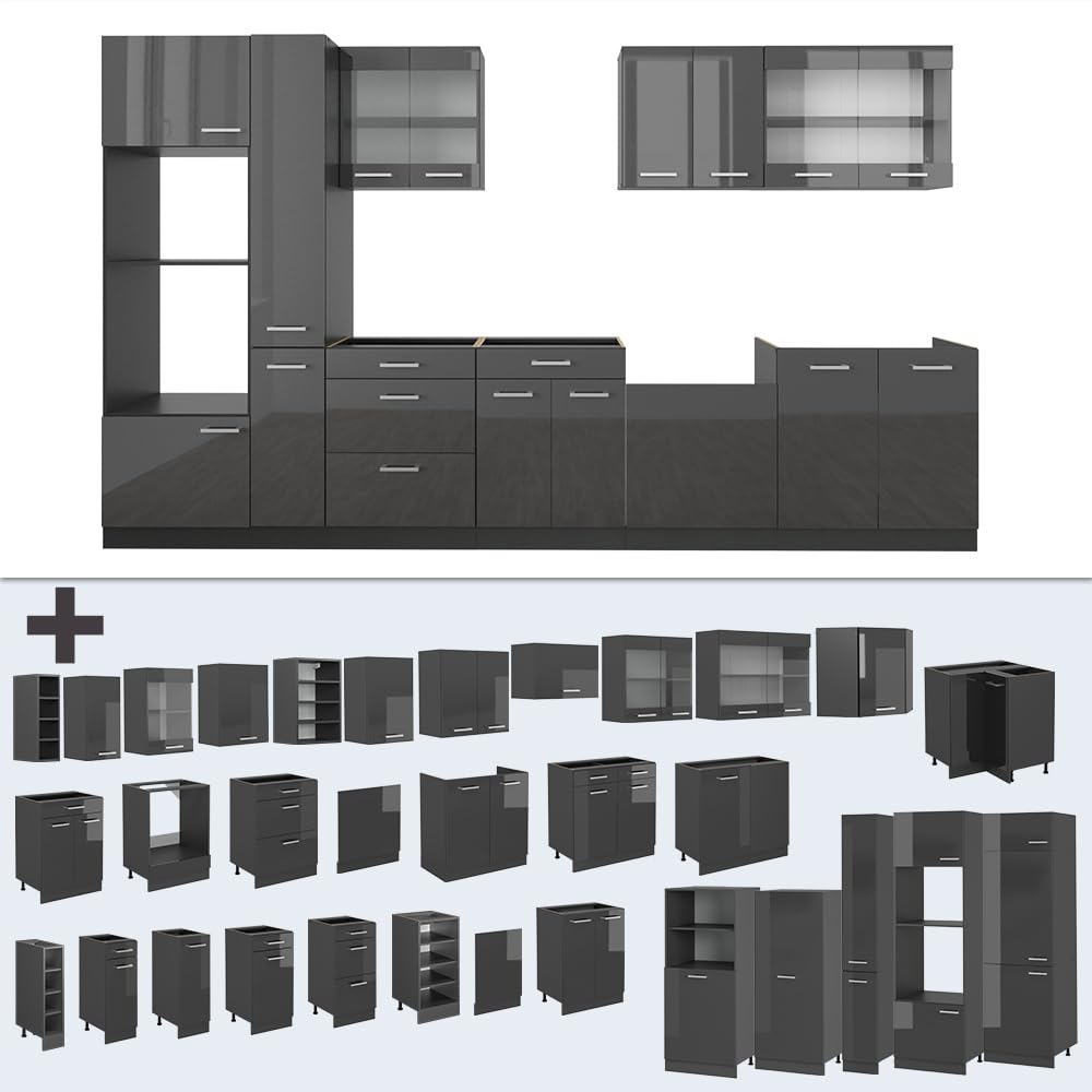 Vicco R-Line Fitted Kitchen Cabinets Anthracite Kitchen Furniture (Anthracite / White High Gloss, MUS 350 cm)