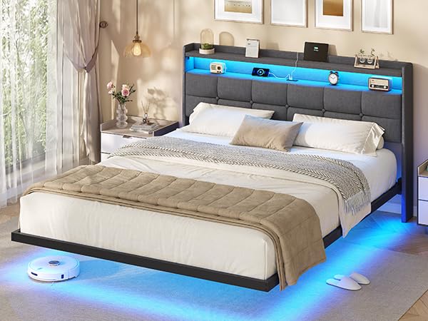 AOGLLATI Upholstered Bed 140 x 200 cm, Double Bed Frame, Bed Frame with LED Lighting and Charging Station, Bed Frame with Headboard, Bed Floating Bed Frame, Metal Bed, Linen, Dark Grey (without
