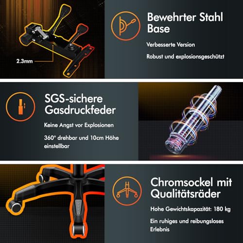 ALFORDSON Gaming-Stuhl mit Massage-Lendenwirbelkissen, ergonomischer Gamer-Racer-Stuhl mit Verstellbarer Rückenlehne, Drehstuhl mit Fußstütze, höhenverstellbar, Schwarz
