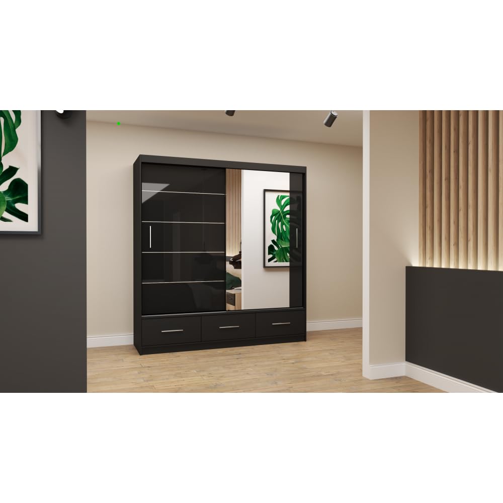 Fabryka Mebli Idźczak Kleiderschrank mit Spiegel weiß - Schwebetürenschrank - Schlafzimmerschrank - 61 x 250 x 218 cm - Wohnzimmerschrank - Garderobenschrank, Schrank mit 2 Türen, 4 Schubladen