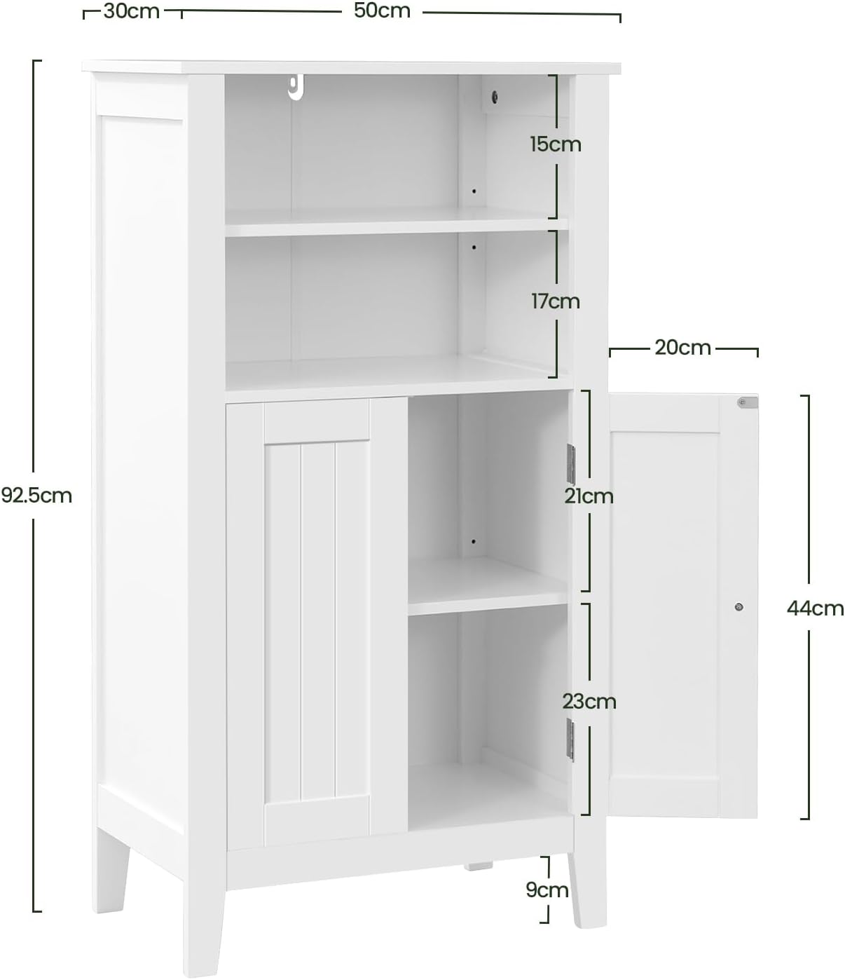 EUGAD Bathroom Cabinet, Kitchen Cabinet, Side Cabinet, Chest of Drawers in Bedroom, Hallway, Made of MDF with Adjustable Shelf, White, 92.5 x 30 x 50 cm