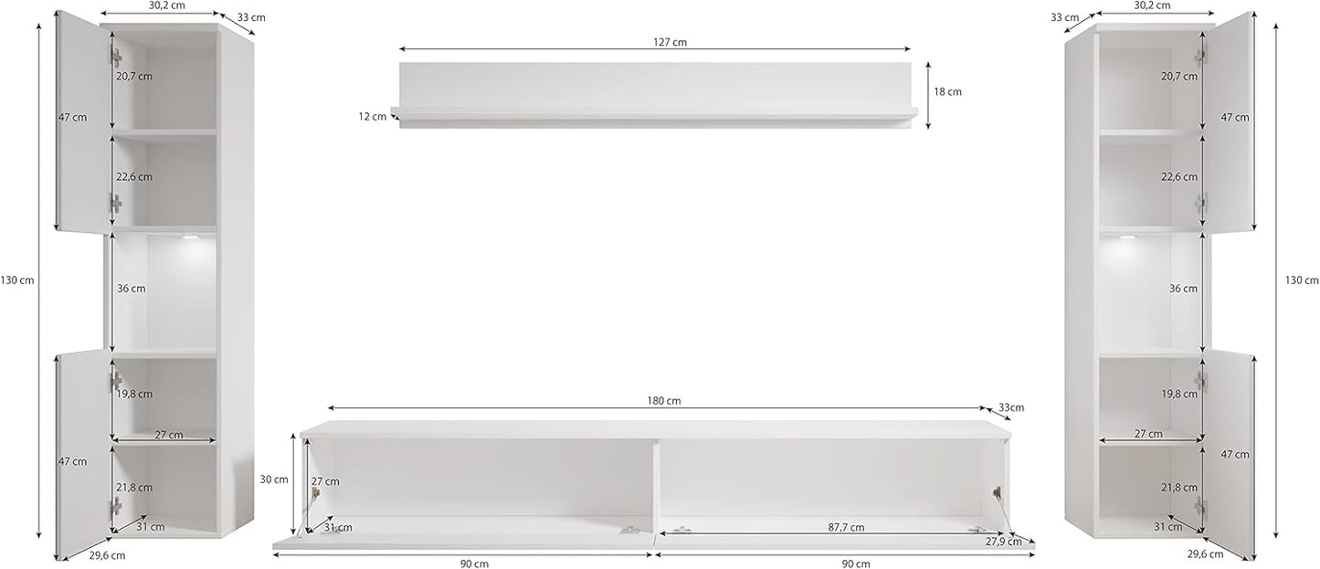 MINIO go for it - Parma XL Wall Unit, 4-Piece Set, with LED Lighting, Hanging or Standing, 2 x Highboard, Lowboard, Wall Board, Laminated Chipboard, Colour: Wotan Oak