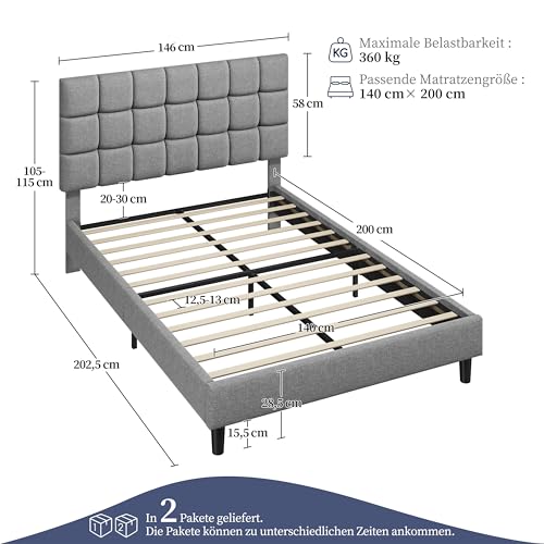 Yaheetech Upholstered Bed 140 x 200 cm Double Bed with Height-Adjustable Headboard, Sturdy Bed Frame, Fabric Bed with Slatted Frame, Padded Bed Frame, Youth Bed, Dark Grey