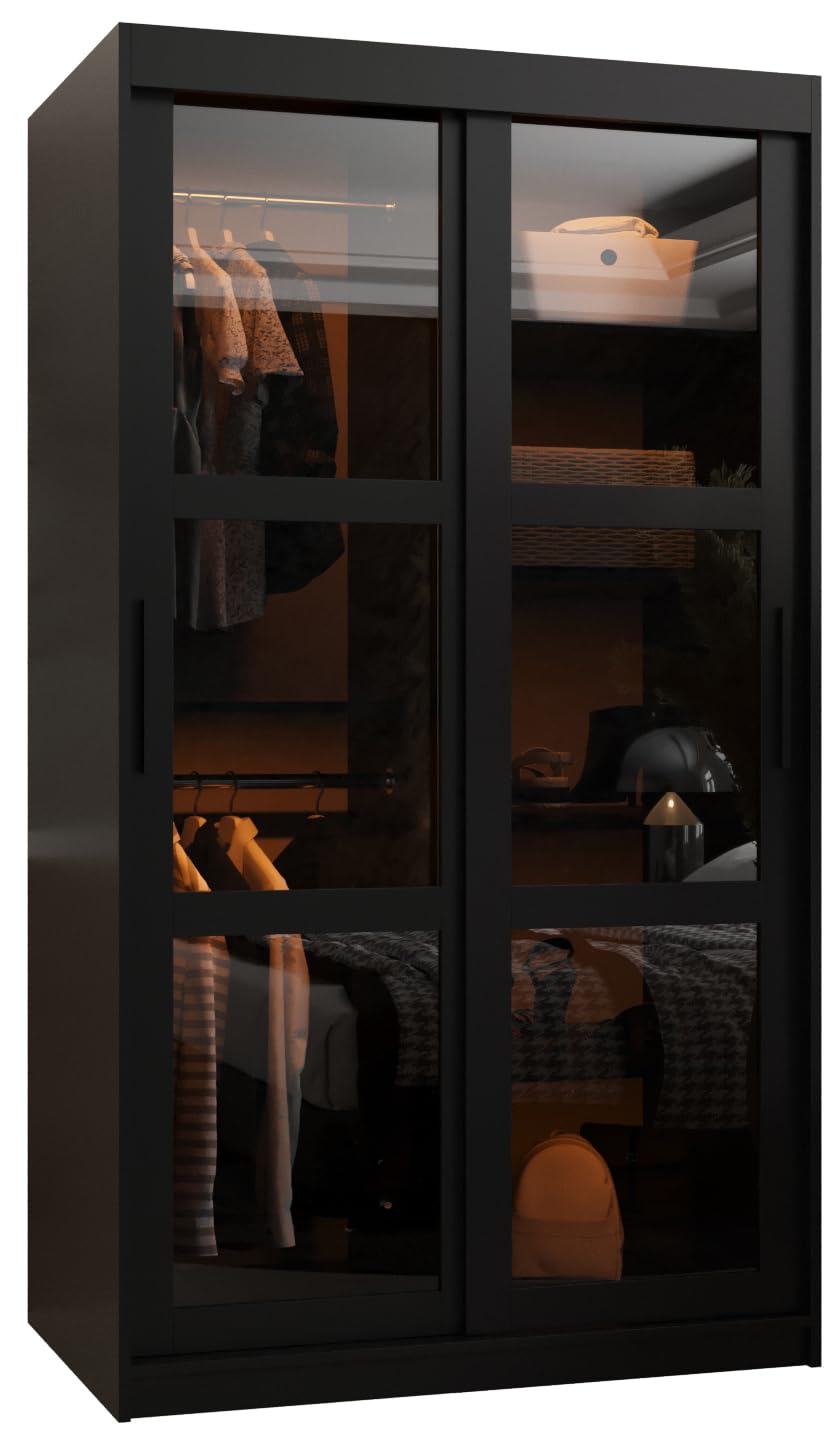 MEBLE KRYSPOL Dome 2 Schrank mit DREI Schiebetüren mit Spiegel, Stangen und Regalen - Aufbewahrungsschrank mit Rauchglas für Schlafzimmer, Wohnzimmer - 200x250x62cm - Schwarz, Schwarz, Schwarz