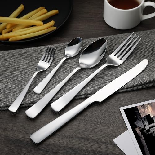 Amazon Basics Essbesteck-Set mit Eckiger Rand, Edelstahl, 20 Stück Set, für 4 Personen, Silberfarben