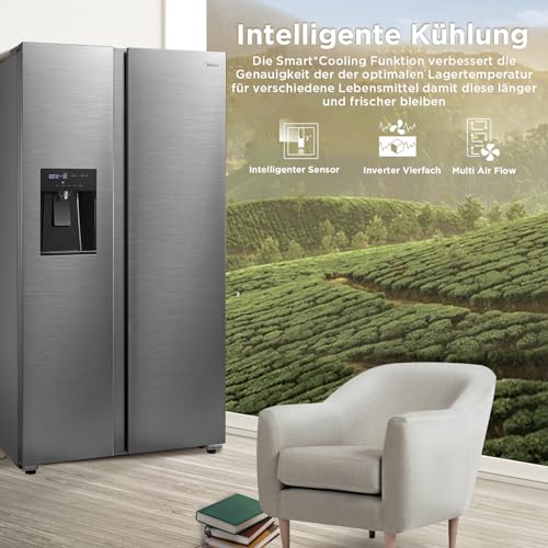 Midea KS-DDX 6.32 WT Side-by-Side Kühl-/Gefrierkombination/ 178,8 cm Höhe/ 254 kWh/Jahr/No Frost/Dual Inverter Compressor/mit 3in1 Wasser-/Eisspender und Wassertank, Dark Inox