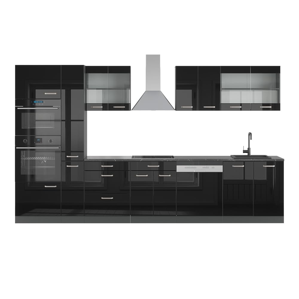 Vicco R-Line Fitted Kitchen Cabinets Anthracite Kitchen Furniture (Anthracite / White High Gloss, MUS 350 cm)