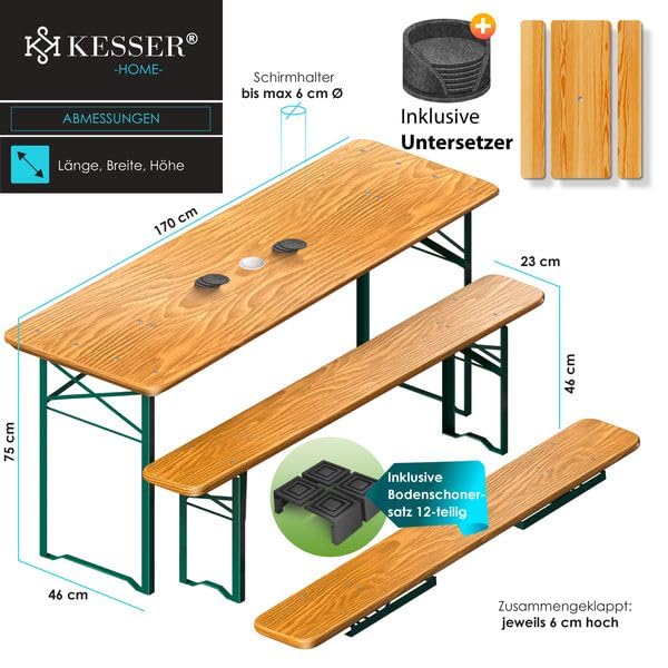 KESSER® Bierzeltgarnitur 3 teilig Gartenmöbel-Set | Klappbar 220 x 50 x 77cm | 2X Bierbänke 1x Biertisch | Festzeltgarnitur Biertisch Stehtisch Sitzgarnitur Holz 16-teiliges Bodenschoner-Set