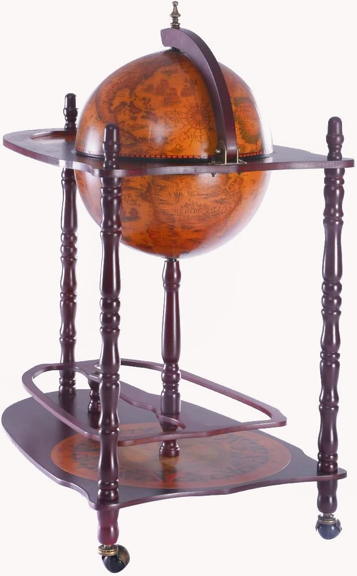 RELAX4LIFE Globe Bar on Wheels, Bar Trolley with World Globe, Bar Table Solid Wood, Serving Trolley with Wine Bottle Holder, Mobile Cocktail Bar, Antique Look, Decorative Mini Bar Serving Table