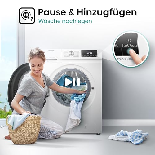Hisense WF3S8043BB3 Waschmachine mit Dampffunkunktion, 8 kg, 1400 U,min, WIFI, ConnectLife, Power JetWash, Anti-Allergie Programm, Aqua Stop, Auto Wash, Quick Wash, EEK A-30 Prozent