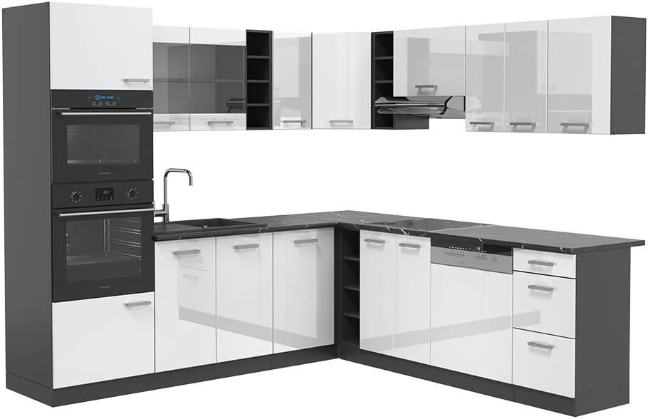 Vicco R-Line Fitted Kitchen Cabinets Anthracite Kitchen Furniture (Anthracite / White High Gloss, Corner 247 x 237 cm)