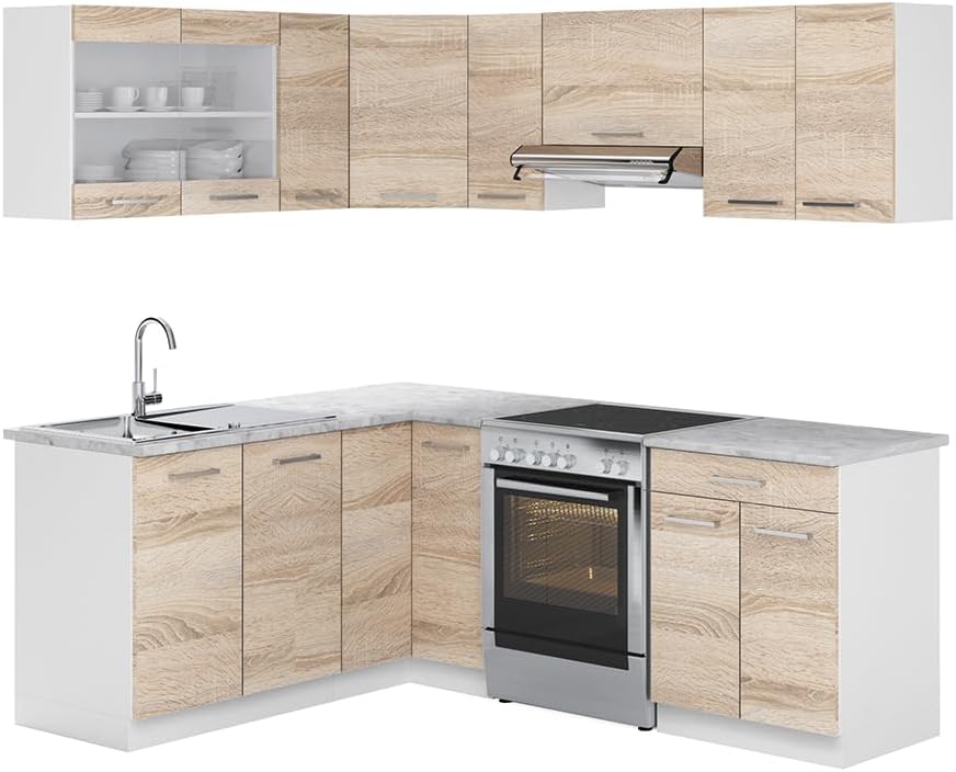 Vicco Kitchen Unit L 210 cm Kitchen Block Angle Corner Built-in Sonoma Oak - Freely Combinable Units - R-Line