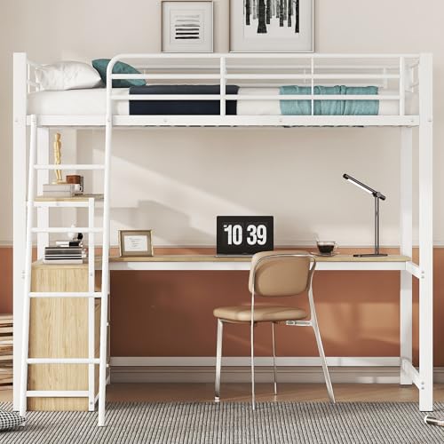 Merax Kinderbett Hochbett 90x200 cm Metallbett mit L-förmigem Schreibtisch, 2 Schubladen und Regal, Bettgestell mit Lattenrost (ohne Matratze) für Kinder/Erwachsene, Schwarz