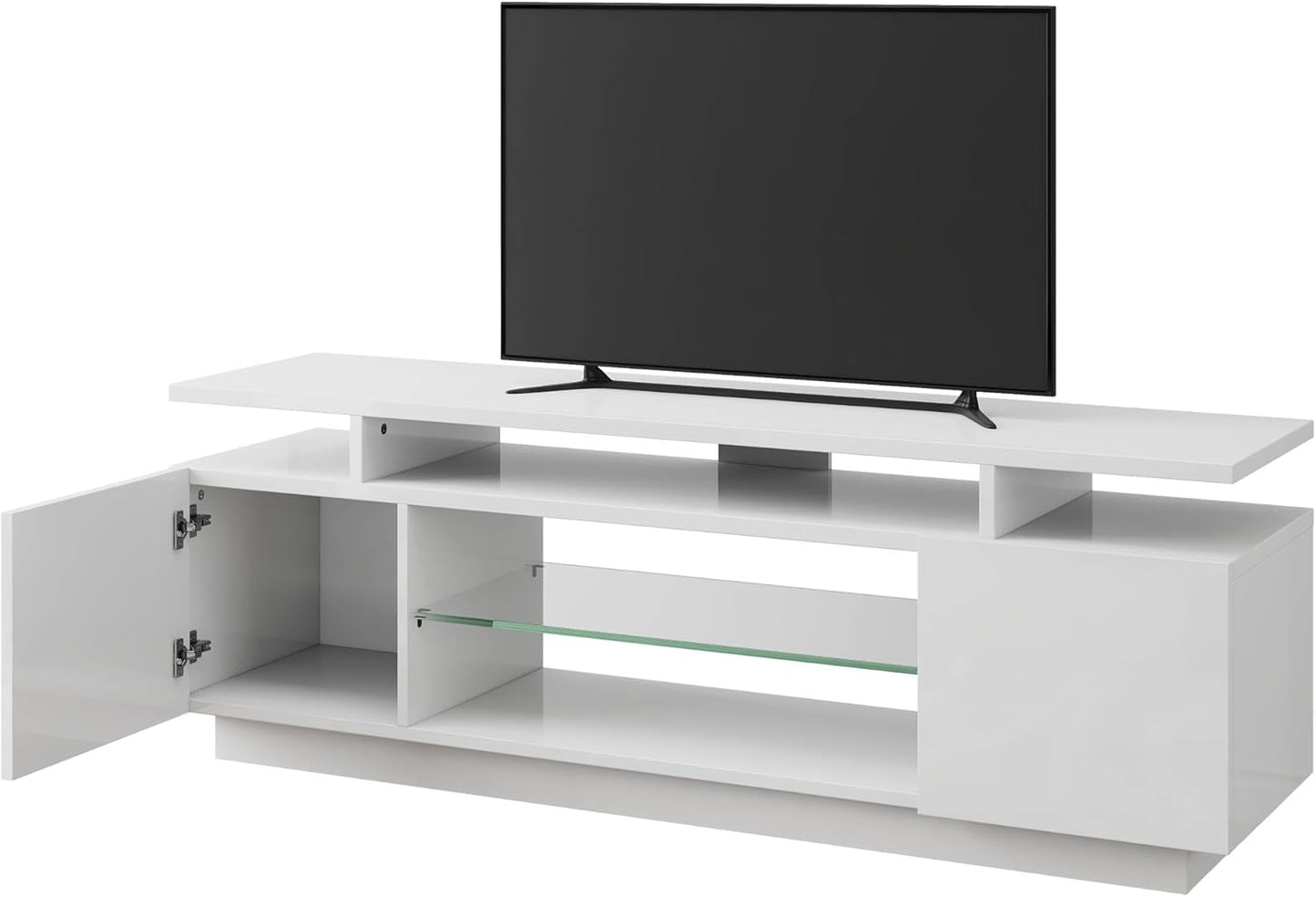 LUXOAK TV Lowboard High Gloss White with LED Lighting - 160 x 38.5 x 54.5 cm TV Stand for up to 75 Inch TV, TV Cabinet with 2 Doors & Adjustable Glass Shelf, for Living Room & Bedroom