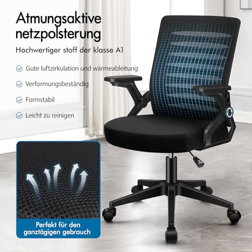 ALFORDSON Bürostuhl, Lendenstütze, Atmungsaktives Netz und Stoff, Hochklappbare/Verstellbare Armlehnen, Hochwertiger Schaumstoff, 180kg für Zuhause & Gaming, Wale, Schwarz