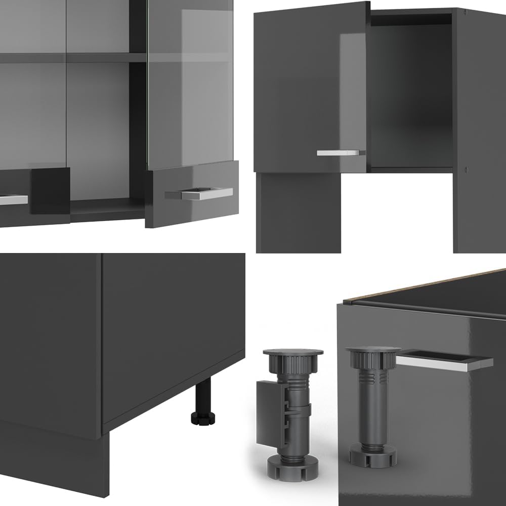 Vicco R-Line Fitted Kitchen Cabinets Anthracite Kitchen Furniture (Anthracite / White High Gloss, Corner 247 x 237 cm)