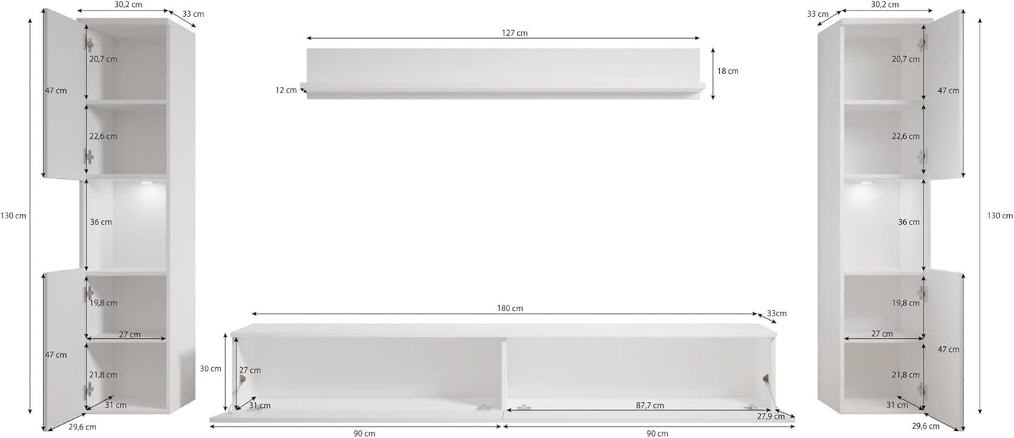 MINIO go for it - Parma XL Wall Unit, 4-Piece Set, with LED Lighting, Hanging or Standing, 2 x Highboard, Lowboard, Wall Board, Laminated Chipboard, Colour: Wotan Oak
