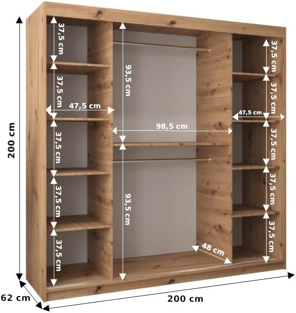 MEBLE KRYSPOL Kleiderschrank mit Spiegel York 2 - Garderobenschrank - Schrank Schlafzimmer - Mehrzweckschrank Zwei Schiebetüren - Regalen - Flur Möbel - Kleiderstange Schrank - Allzweckschrank