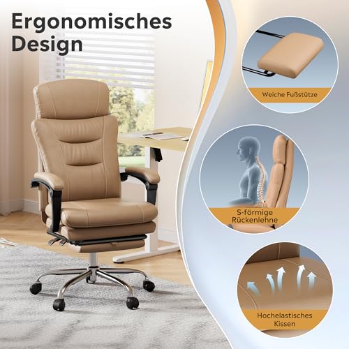 DEVAISE Chefsesse PU Leder, Bürostuhl Ergonomisch mit Fußstütze und Lendenwirbelstütze, Wippfunktion und Winkelverriegelung, Hohe Rückenlehne, Höhenverstellbar, Liegestuhl für Büro & Zuhause, Schwarz