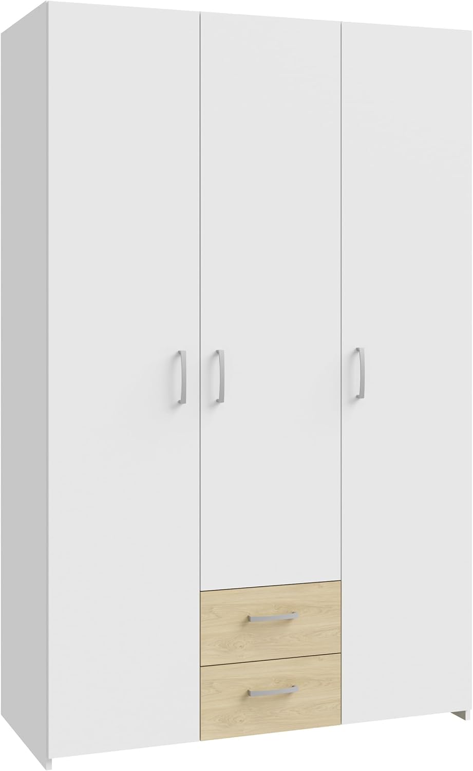 FORTE ECONOBOX Kleiderschrank 120, 3-türiger Drehtürenschrank mit 2 Schubladen und Einlegeböden, Holzwerkstoff, Weiß/Puccini Eiche, 119,4 cm breit, 190,5 cm hoch, 54,4 cm tief