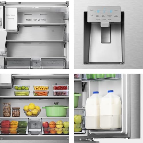 Hisense RF632N4WIE French Door Kühl-Gefrierkombination/ NoFrostPlus/ Inverter-Kompressor/ Wasserspender/ CrispZone/ 200 cm/ Kühlteil 336 l/ Gefrierteil 149 l/ 38 dB/ 295 kWh/ Jahr/ Inox-Look