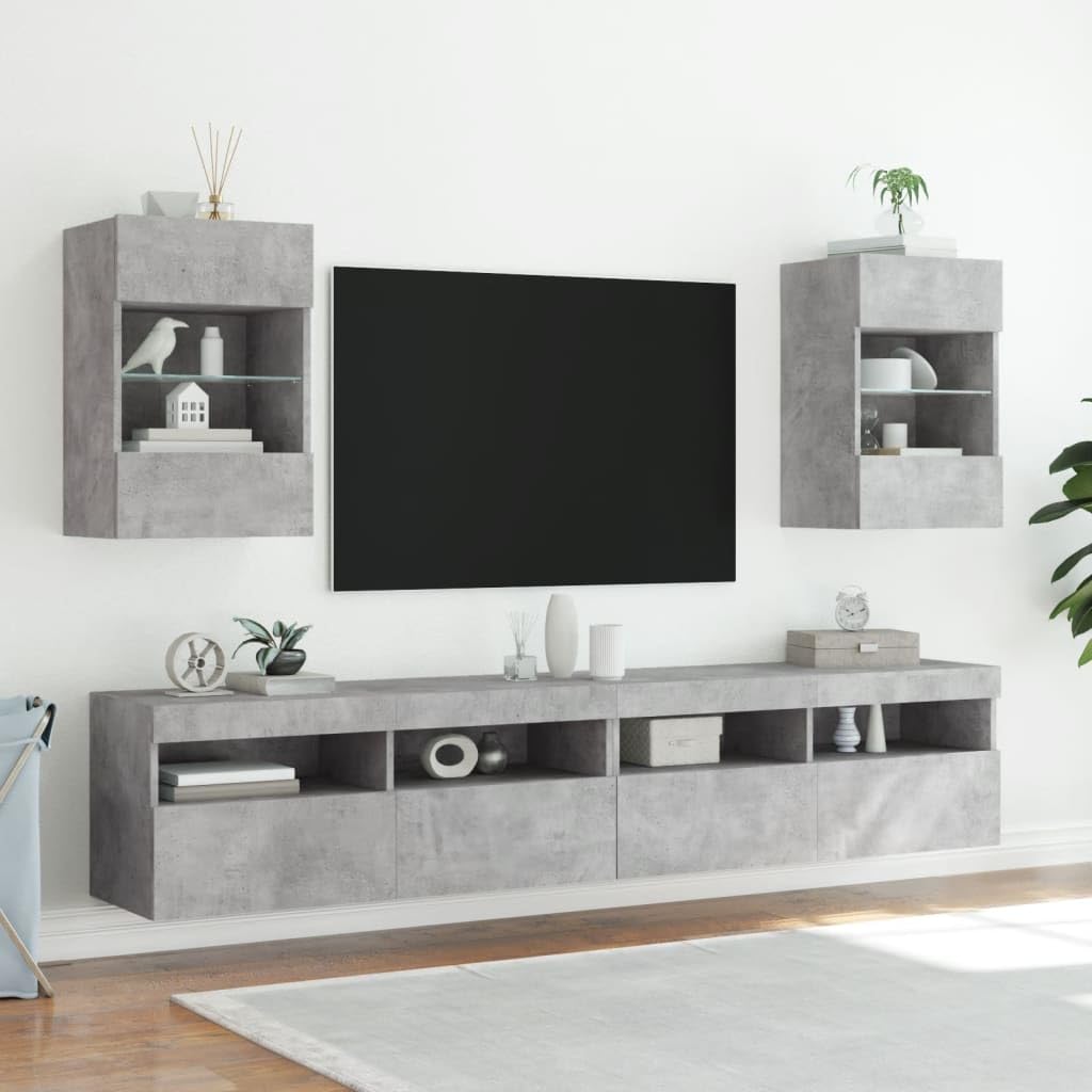 Homgoday TV Wall Cabinets with LED Lights, Pack of 2, Cabinet Wall TV Cabinet with Lots of Storage Space, Wall Mounted TV Furniture for Living Room, Bedroom, Grey, Sonoma